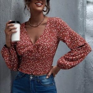 Floral print v neck rust long sleeve shirred blous